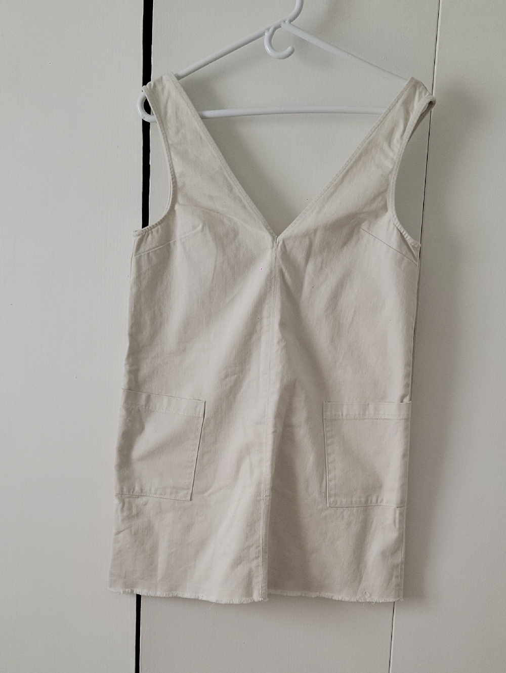 V-Neck Cream Demin Pinafore Dress